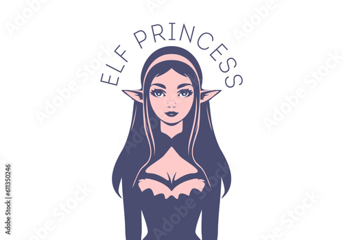 Vector beautiful young gorgeous elf princess with long hair. Sticker or icon. White isolated background.