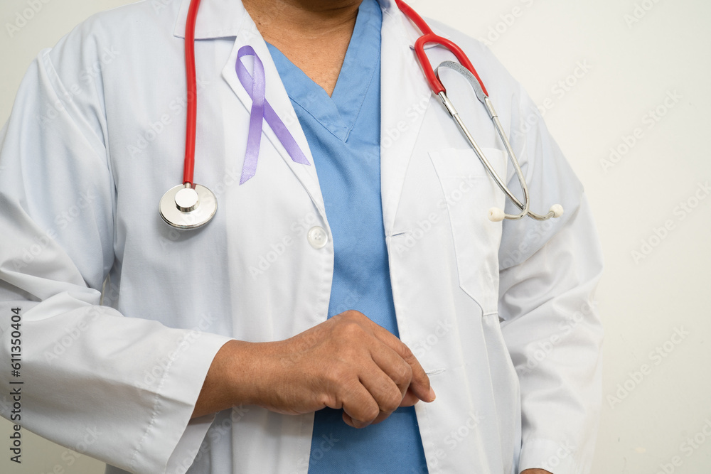 Asian woman doctor with purple ribbon, sign of Alzheimer disease day, Pancreatic cancer, Epilepsy, Lupus. Asian woman doctor with purple ribbon, sign of Alzheimer disease day, Pancreatic cancer, Epilepsy, Lupus.