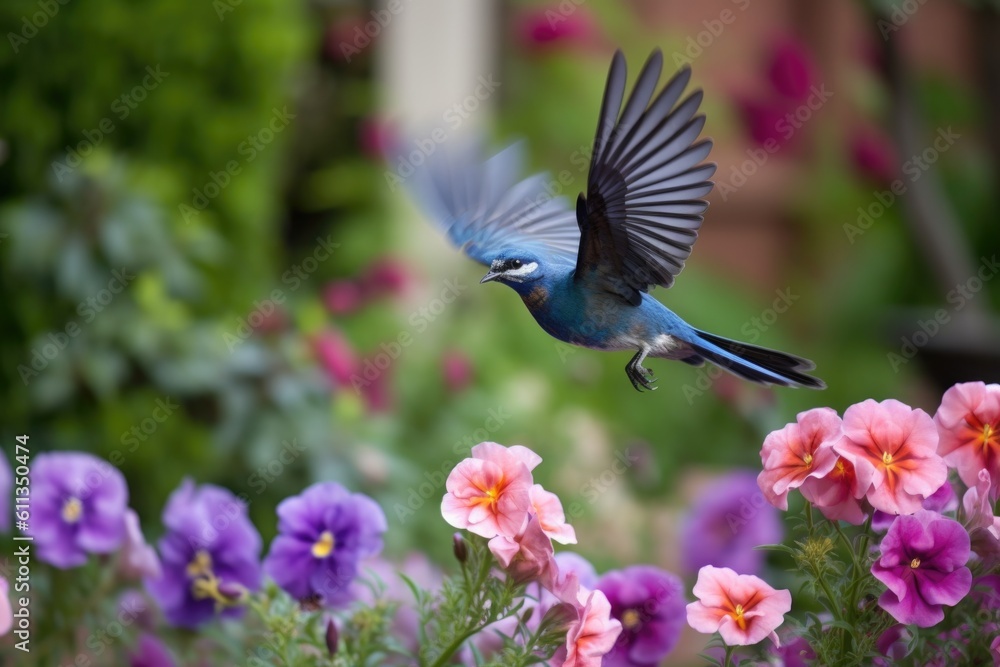 Obraz premium blue bird fluttering past blooming garden, created with generative ai