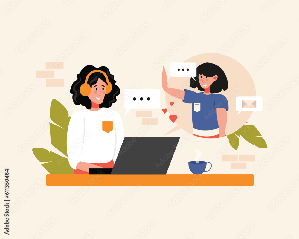 Smiling online consultant girl helps client. Modern online call center representatives. Hotline operators helping clients. Customer service communication. Vector