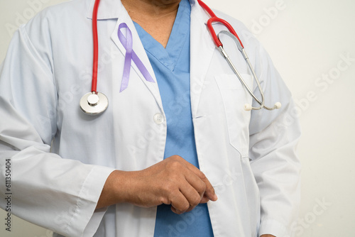 Asian woman doctor with purple ribbon, sign of Alzheimer disease day, Pancreatic cancer, Epilepsy, Lupus.