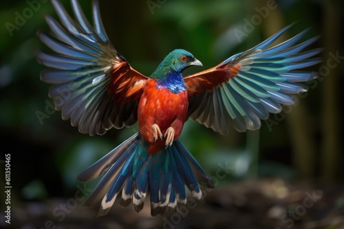 colorful bird in flight  wings flapping and feathers shimmering  created with generative ai
