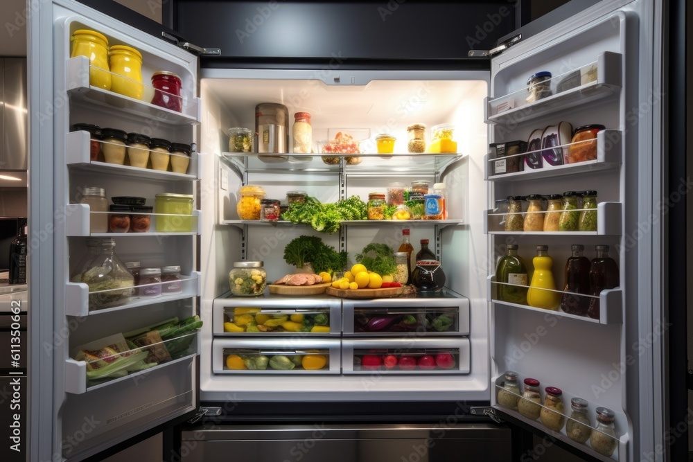 energy-efficient refrigerator with fresh, healthy foods and beverages, created with generative ai