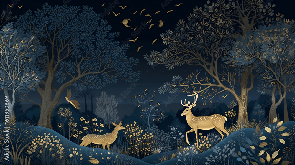 Φωτογραφία Dark blue mural wallpaper from the contemporary era Christmas tree, mountain, deer, birds, and waves of gold on a dark blue backdrop depicting a jungle or forest