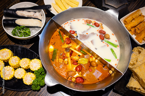 Taiwanese hot pot in restaurant with spicy duck blood