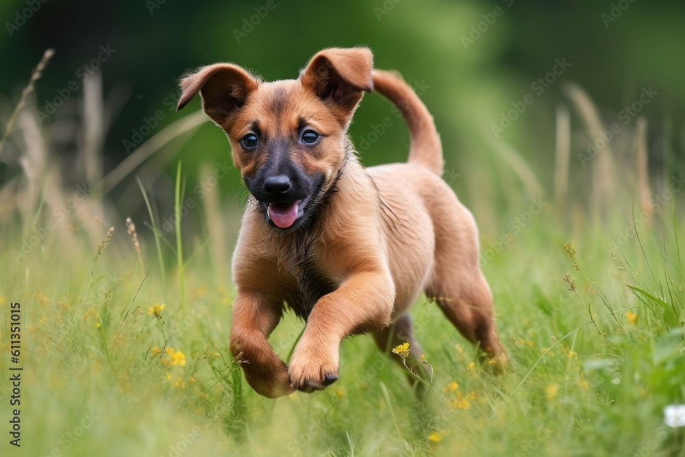playful puppy jumping and playing in field of green grass, created with generative ai