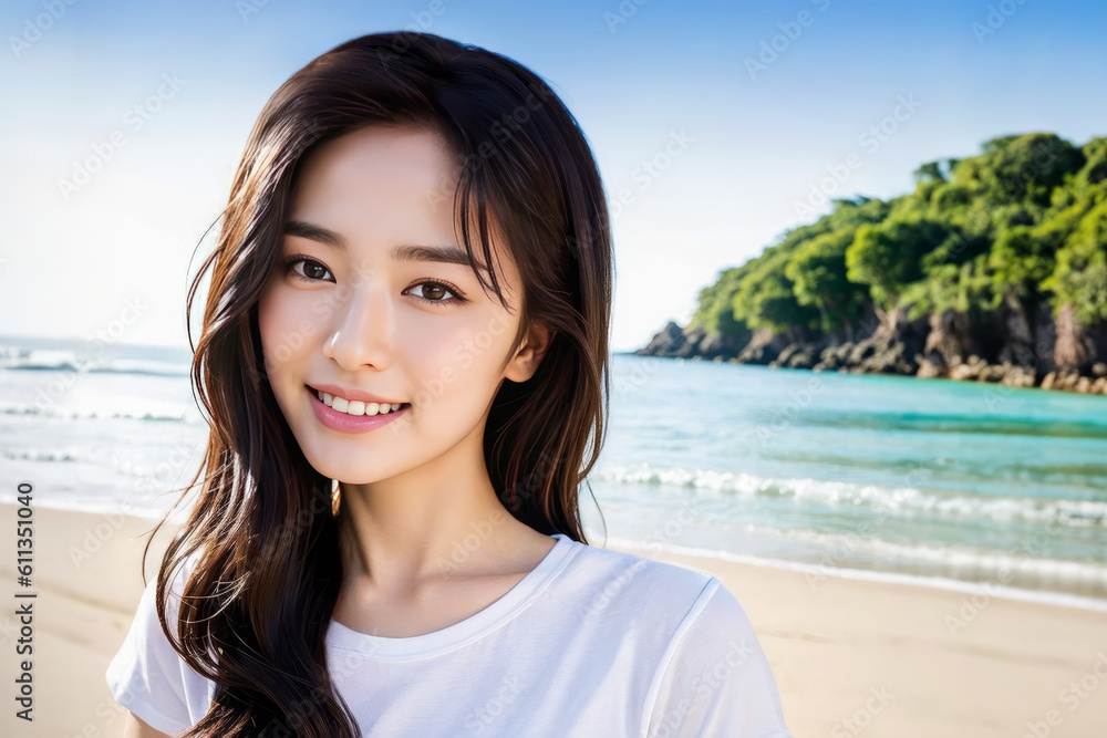 ビーチ・海辺で笑顔でカメラ目線の若い日本人女性(モデル美女) ビーチ・海辺で笑顔でカメラ目線の若い日本人女性(モデル美女)