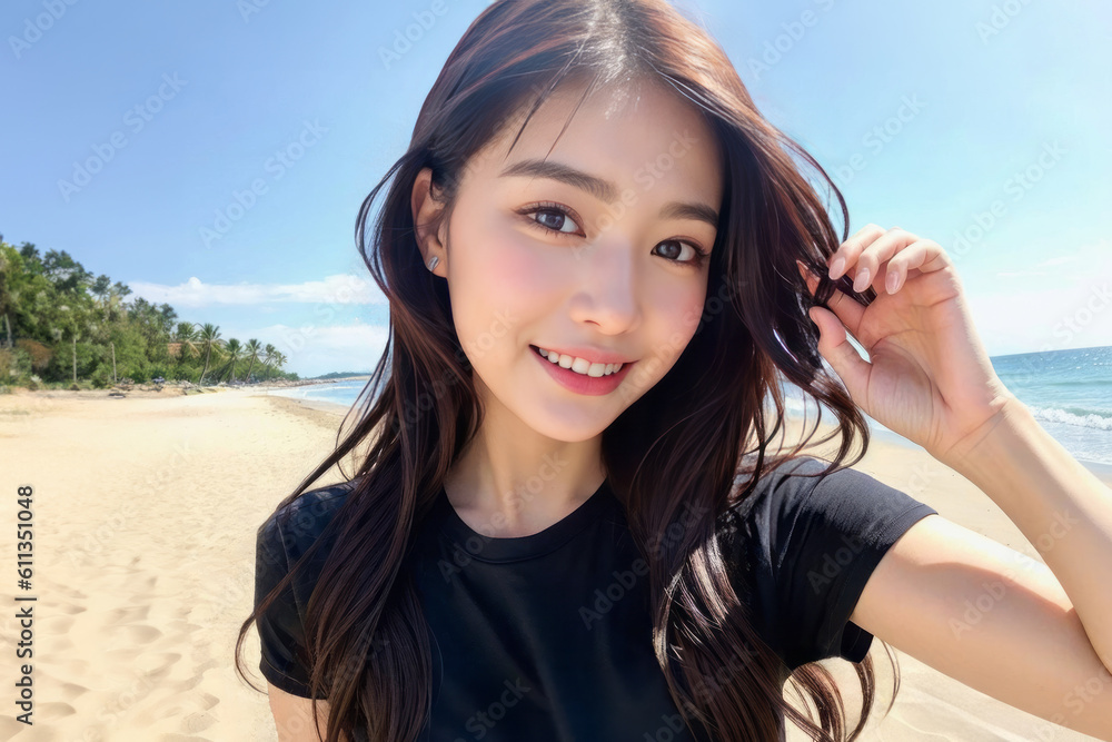 ビーチ・海辺で笑顔でカメラ目線の若い日本人女性(モデル美女)