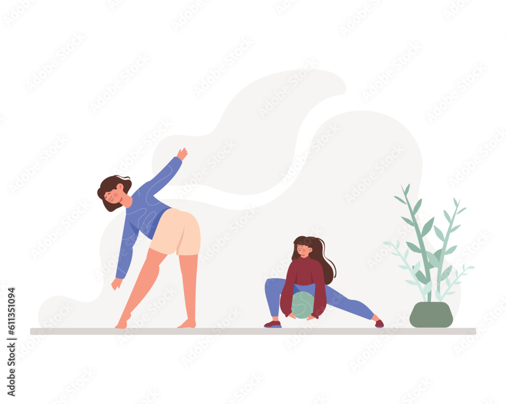 Cartoon happy women doing morning exercises. Healthy and active lifestyle. Regular physical activity. Vector flat style illustration on white background