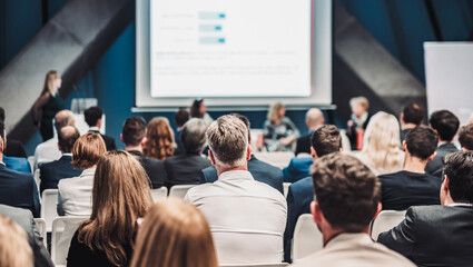 Round table discussion at business conference meeting event.. Audience at the conference hall. Business and entrepreneurship symposium