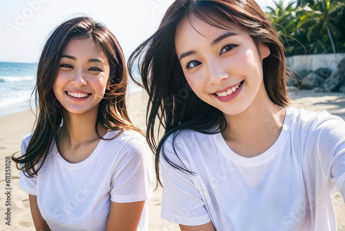 Fotografiet ビーチ・海辺で笑顔でカメラ目線の若い2人日本人女性(モデル美女)のツーショット