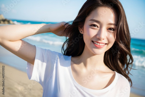 ビーチ・海辺で笑顔でカメラ目線の若い日本人女性(美人モデル)