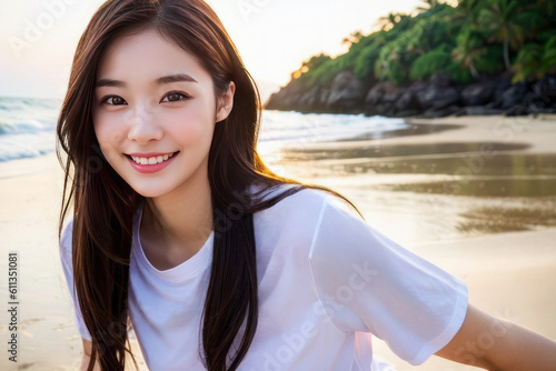 Fototapeta ビーチ・海辺で笑顔でカメラ目線の若い日本人女性(モデル美女)