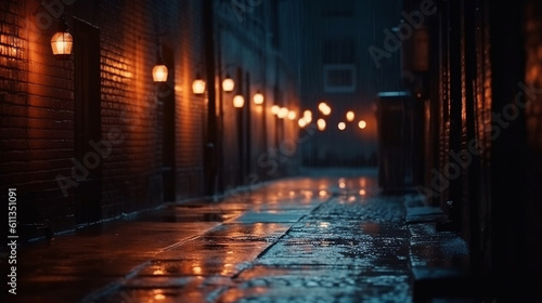 Dark street, old brick wall decorated with night lanterns. Empty street scene, neon light. Night view, blurred abstract bokeh light. Generative ai. © Aiakos