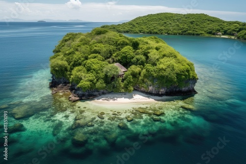 remote island with lush greenery and crystal-clear water, created with generative ai