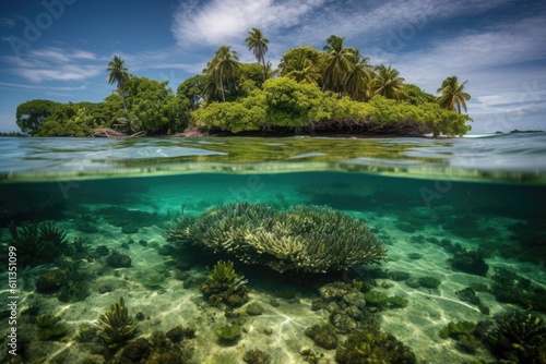 remote island surrounded by crystal-clear waters, with fish swimming among tropical plants, created with generative ai