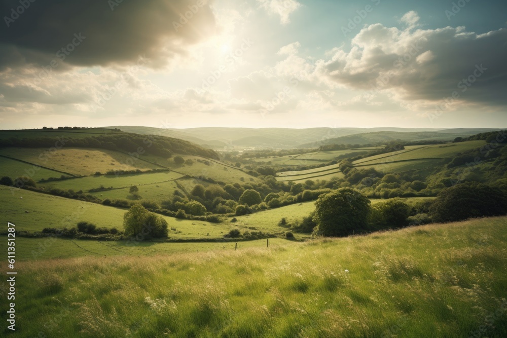 Fototapeta premium rolling countryside hills with sunbeams highlighting the landscape, created with generative ai