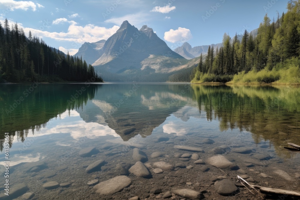 peaceful lake surrounded by towering mountains, with reflections of the peaks visible on the water, created with generative ai