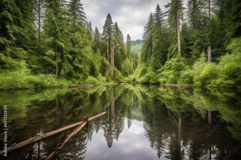 serene lake with reflections of forest and towering trees, created with generative ai
