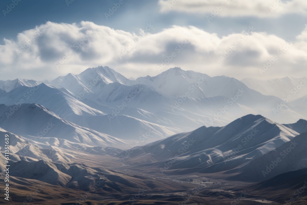 snowy mountain range, with clouds forming below the peaks and valleys, created with generative ai snowy mountain range, with clouds forming below the peaks and valleys, created with generative ai