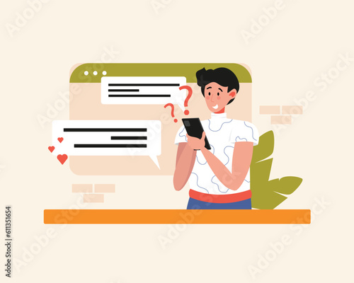 Smiling online consultant guy helps client via messenger. Modern online call center representatives. Hotline operators helping clients. Customer service communication. Vector