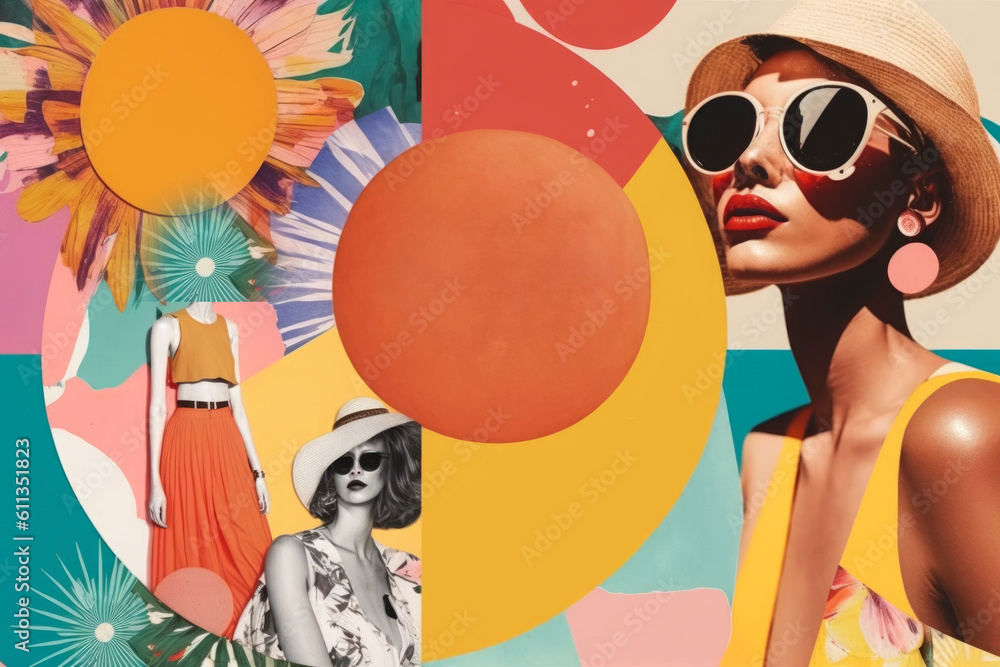 Retro stylefashion woman wearing sunglasses, Summer vacation modern trendy art paper collage design. Illustration. Generative AI