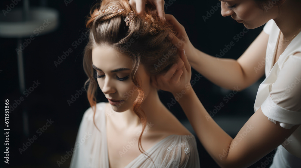 Fototapeta premium Hairdresser doing an elegant hairstyle to the bride with accessories with jewelery on her wedding day in a relaxed and intimate atmosphere. Illustration. Generative AI