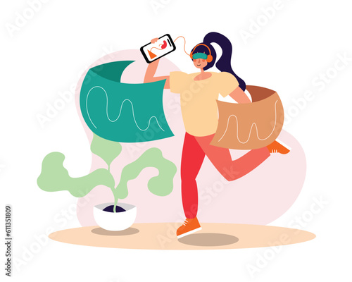 Cheerful girl in headphones plays with virtual reality glasses and dances. Cybersport streamers lifestyle. Indoors activity and hobby for teens. Recreation and leisure time. Vector