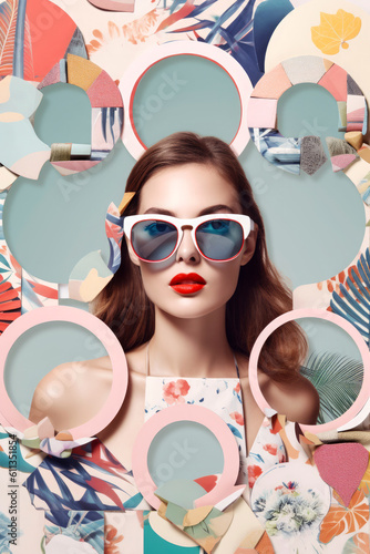 Summer vacation, modern fashion woman concept- trendy art paper collage design in fresh pastel colors. illustration. Generative AI
