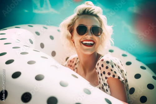 Young smiling Woman in a fashion dress on an inflatable white polka dot ring float in the pool, wearing sunglasses and looking retro trendy on summer vacation. Illustration. Generative AI