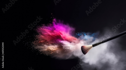 Cosmetic brush with colorful powder in motion spreading on light background. No people. Cosmetic Background concept. Illustration. Generative AI photo
