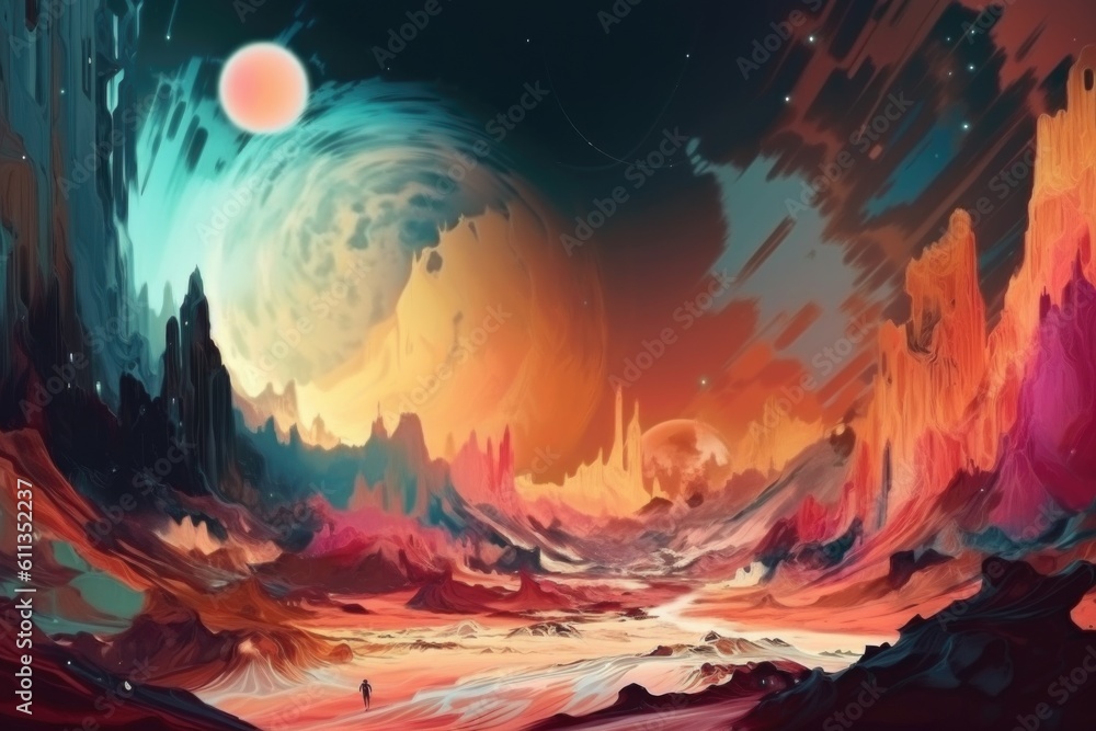 Fototapeta premium abstract landscape, with surrealistic and dreamlike elements, of a distant planet, created with generative ai