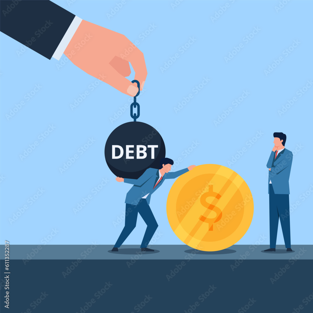 Hand take the debt iron ball while businessman pays debt.Business flat vector concept illustration. Hand take the debt iron ball while businessman pays debt.Business flat vector concept illustration.