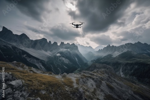 drone flying over majestic mountain range with dramatic clouds in the background, created with generative ai © Alfazet Chronicles