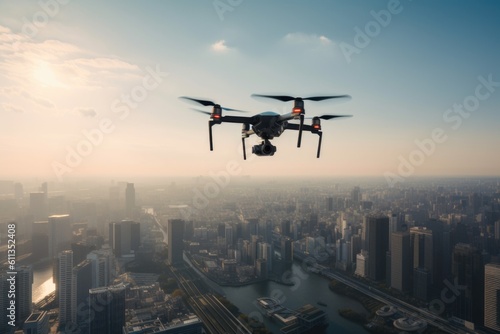 drone flies above cityscape, with skyscrapers and bridges visible in the background, created with generative ai