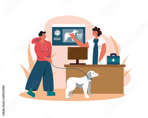 Cartoon owner and doctor look at dogs xray on monitor. Process of examining dogs and cats. Modern animal healthcare services. Medical center for domestic animals treatment. Vector