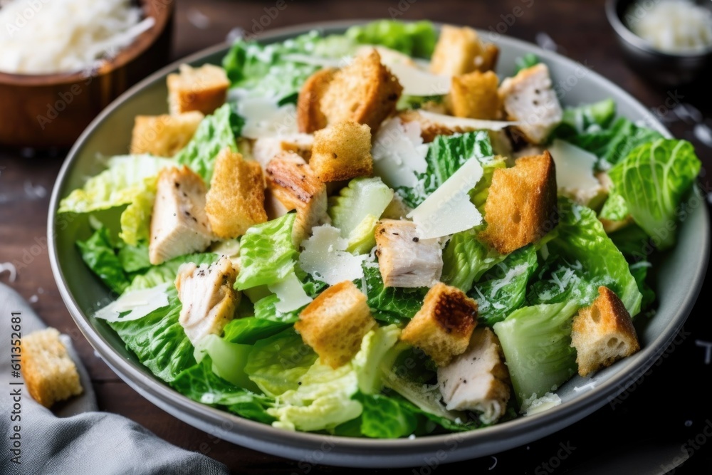 bowl of chicken caesar salad topped with croutons and parmesan cheese, created with generative ai bowl of chicken caesar salad topped with croutons and parmesan cheese, created with generative ai
