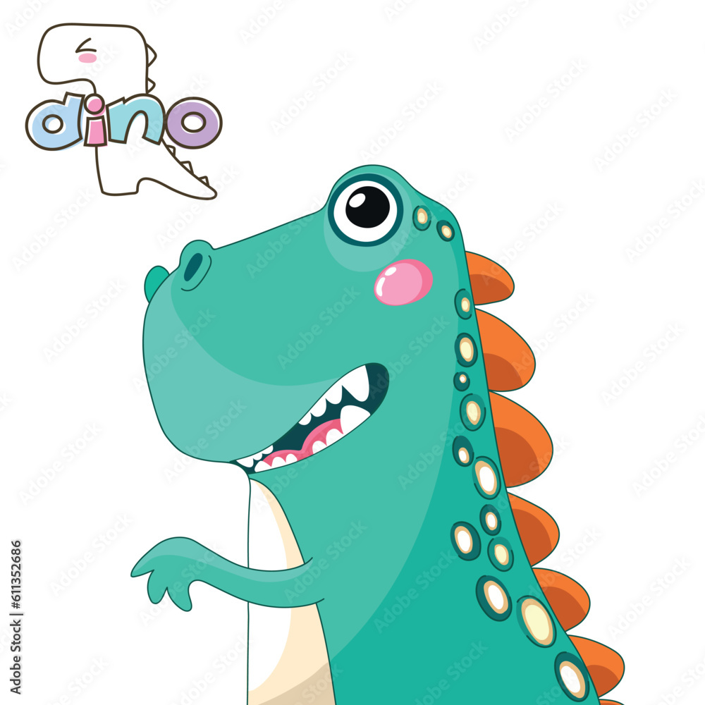 Cute dino vector illustration. Cartoon isolated portrait of baby dinosaur , green animal ,happy monster with funny face, eyes and smile. Words dino Cute dino vector illustration. Cartoon isolated portrait of baby dinosaur , green animal ,happy monster with funny face, eyes and smile. Words dino