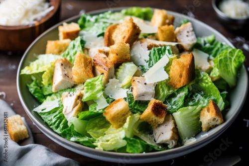 bowl of chicken caesar salad topped with croutons and parmesan cheese, created with generative ai