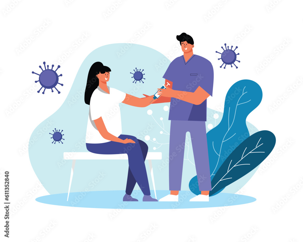 Cartoon smiling doctor vaccinates patient. Process of boosting immune system health using vaccination. Flu, influenza or coronavirus protection. Vector flat style illustration