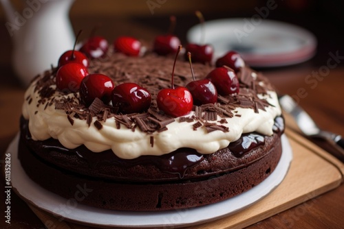 chocolate cake with creamy frosting & cherry on top, created with generative ai