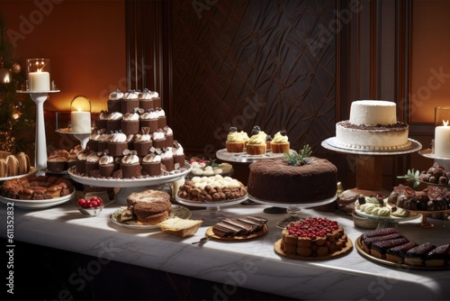 let it snow! a dessert table with a variety of chocolate cakes, pies and pastries, created with generative ai
