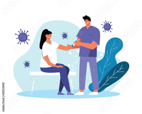 Cartoon smiling doctor vaccinates patient. Process of boosting immune system health using vaccination. Flu, influenza or coronavirus protection. Vector flat style illustration