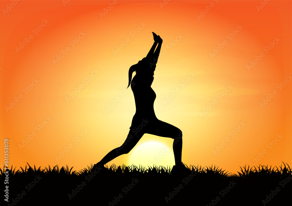 graphics image woman exercises tai chi with sunrise view outdoor concept exercise for health benefits in the morning vector illustration