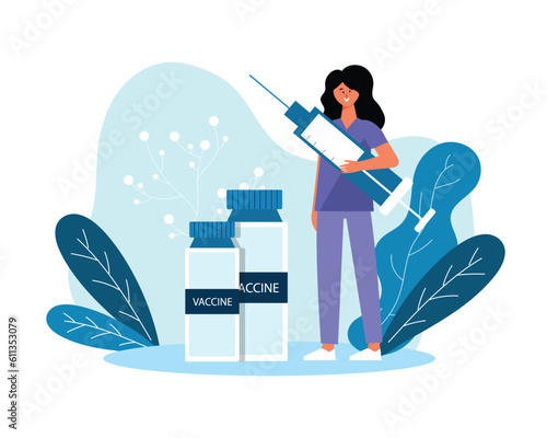 Smiling girl doctor holding syringe with vaccine. Process of boosting immune system health using vaccination. Flu, influenza or coronavirus protection. Vector