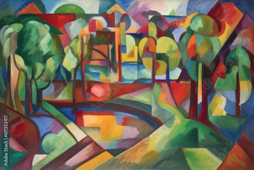 cubist painting of a serene landscape, with playful brushstrokes and vibrant colors, created with generative ai © Alfazet Chronicles