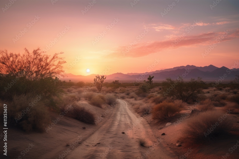 desert sunset, with the sun casting orange and pink hues across the sky, created with generative ai