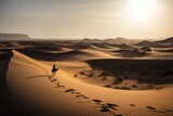 desert landscape, with lone figure on camel trek across the sands, created with generative ai