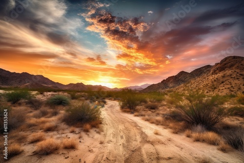 desert landscape with dramatic sunset, featuring vibrant colors and clouds, created with generative ai