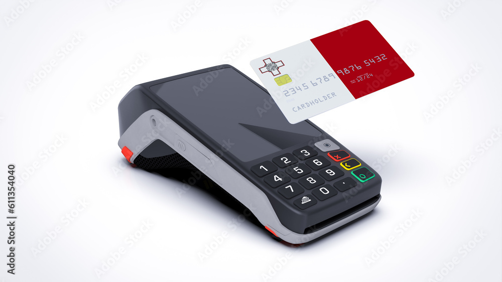 Malta country national flag on credit bank card with POS point of sale terminal payment isolated on white background with empty space 3d rendering image realistic mockup Malta country national flag on credit bank card with POS point of sale terminal payment isolated on white background with empty space 3d rendering image realistic mockup